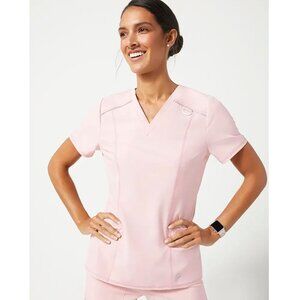 Jaanuu Women's Shift V-Neck Top Size Medium Blushing Pink Reflective Stretch